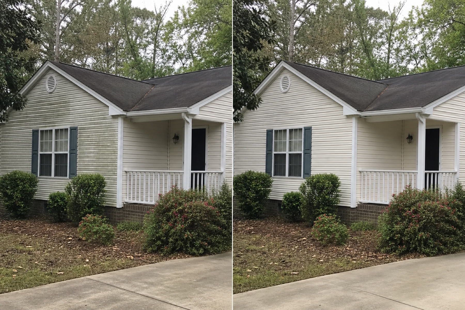 Illustrative side-by-side example of a house exterior before and after cleaning