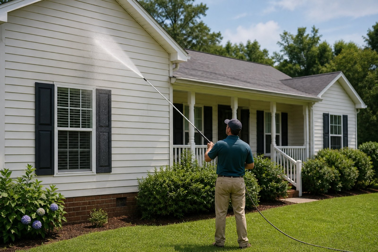 Professional soft washing of light-colored home siding